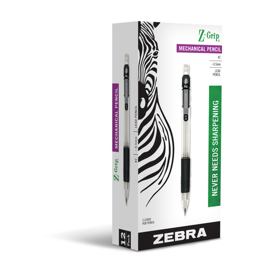 Zebra Z-Grip Mechanical Pencil - Lead/Eraser Refillable - 0.5mm - Black - 12 Pack