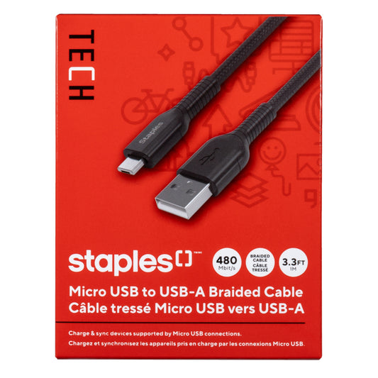 Staples TECH Micro USB to USB-A Charging Cable - 3.3 ft. - Black