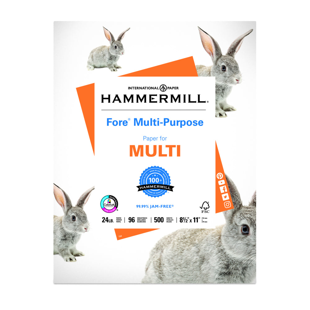 Hammermill Fore Multipurpose Paper - 8.5" W x 11" H - 24 lb  - White - 96 Bright - FSC - 500 Sheets/Pack