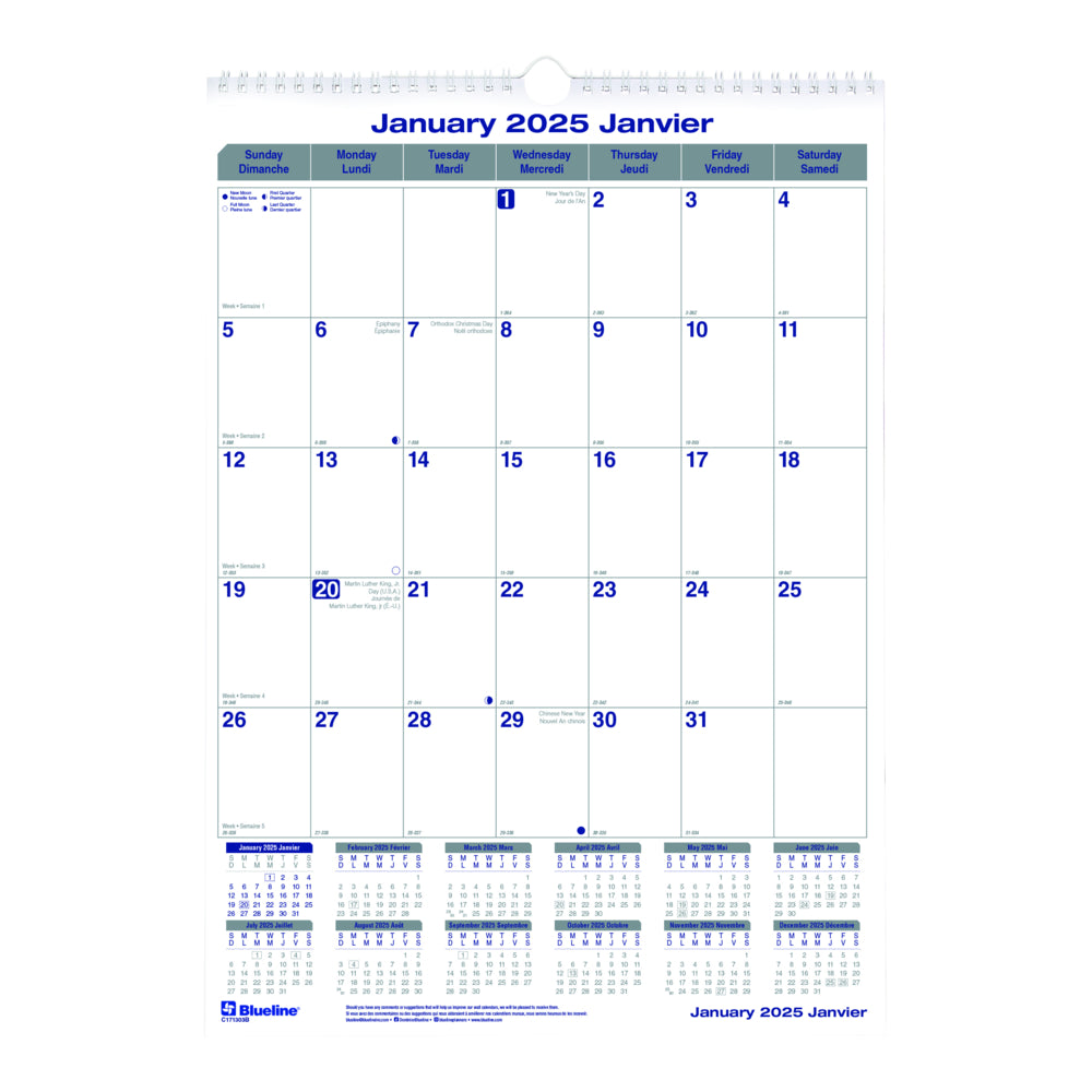 Blueline 2025 Net Zero Carbon Monthly Wall Calendar - 12" x 17" - Bilingual