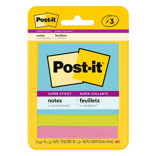 Post-it Super Sticky Notes - 3" x 3" - Supernova Neons Collection - 135 sheets - 3 Pack