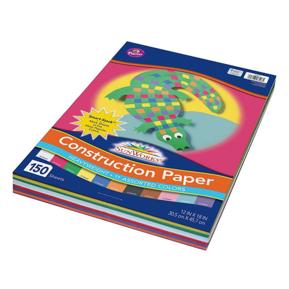 Papier de construction SunWorks, 11 couleurs assorties, 30,5 cm x 45,7 cm, 150 feuilles/paquet.