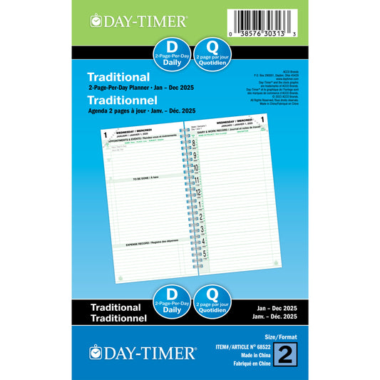 Day-Timer 2025 Wirebound Dated Refill 2 Pages/Day Pocket - 6-1/2" H x 3-1/2" W - Bilingual