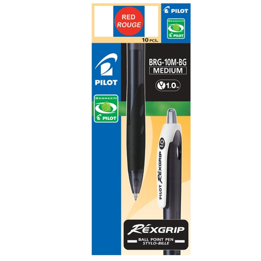 Pilot BeGreen RexGrip Retractable Ballpoint Pen - Medium Point - 1.0 mm - Red - 10 Pack