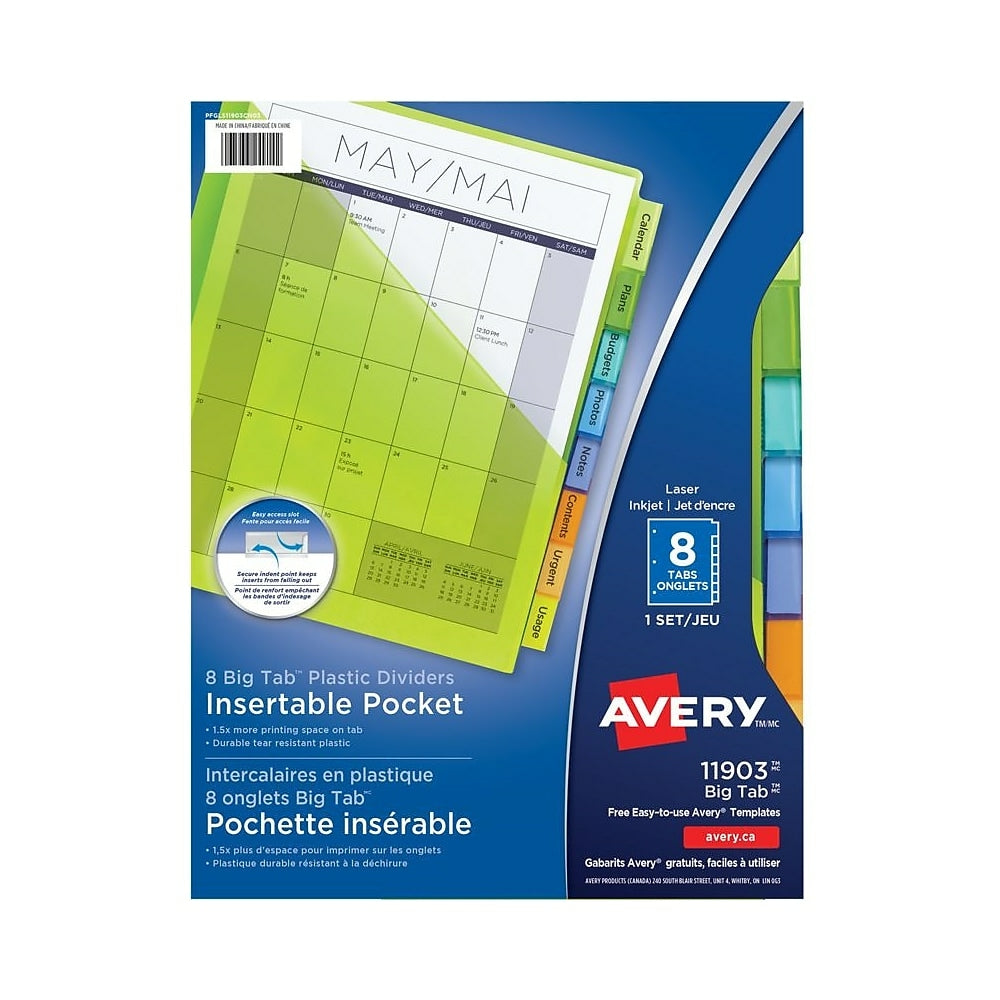 Intercalaires en plastique insérables à grands onglets Avery 9-1/4" x 11-1/8" pour imprimantes laser/jet d'encre - 8 onglets - Multicolore