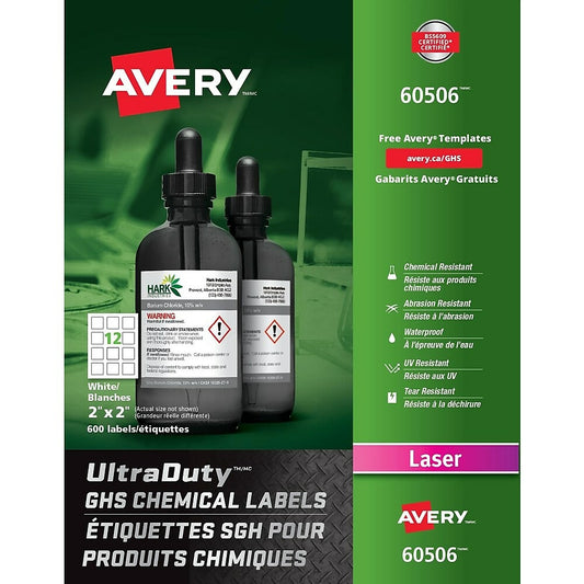 Étiquettes chimiques Avery UltraDuty blanches GHS, 5,1 x 5,1 cm, paquet de 600 (60506)