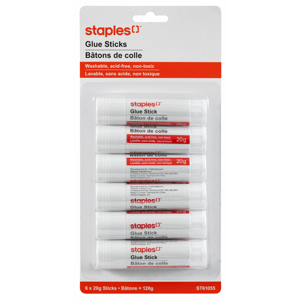 Bâtons de colle lavables Staples - 20 g - paquet de 6