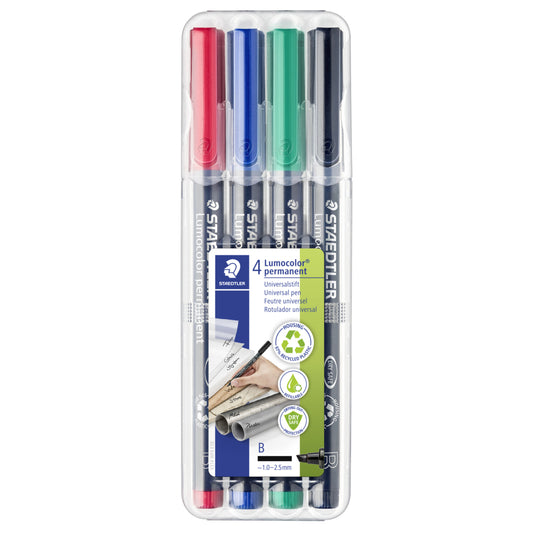 Marqueurs permanents Staedtler Lumocolor Dry-Safe - Pointe biseautée large - Couleurs assorties - Lot de 4