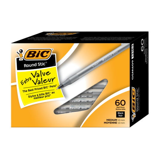 BIC Round Stic Ballpoint Pens -  Medium Tip -  1.0mm -  Black -  60 Pack