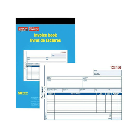 Staples Bilingual Invoice Book - 50 Duplicates - Carbonless - Staple Bound - 6" x 8"
