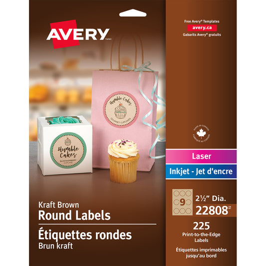Avery Kraft Brown Laser/Inkjet Permanent Print-to-the-Edge Round Labels, 2-1/2", 225 Pack (22808)