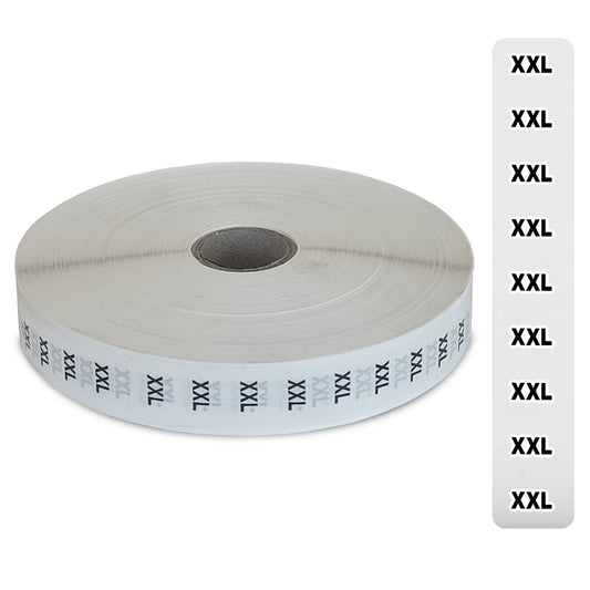 Eddie's Sizer Sticker Strips - 2XL - Black & White Print on Clear - 3/4"x 4-1/2"  - 1000 Per Roll