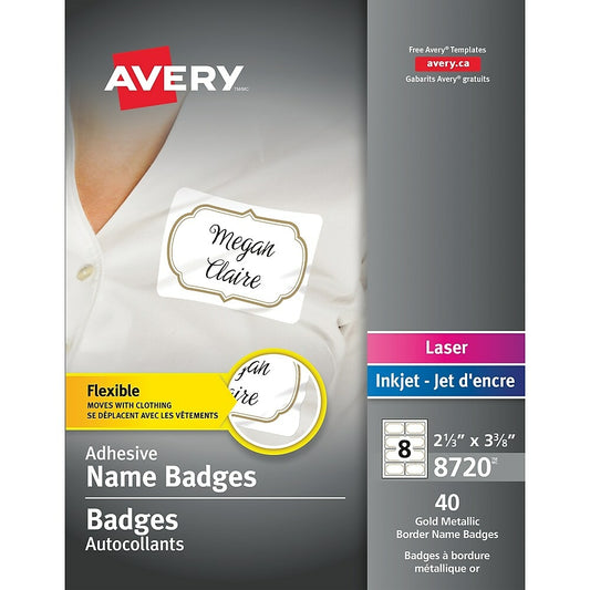 Avery Self Adhesive Flexible Name Badge, Gold Flourish Border, 40 Pack