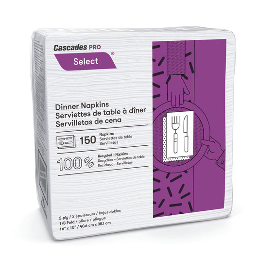 Cascades Pro Select 2-Ply 1/8 Fold Dinner Napkin - White - 150 Pack - 20/Case