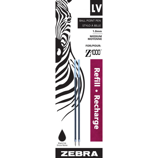 Zebra LV Refill for Z - 1000 StylusPen, Medium 10mm, Black, 2 Pack