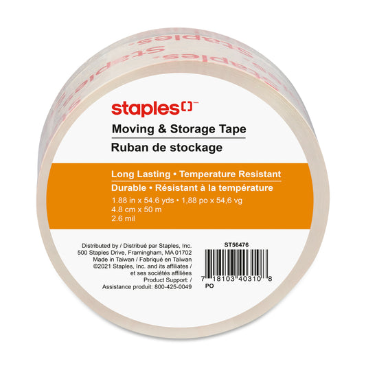 Ruban d'emballage robuste Staples de qualité supérieure, 48 mm x 50 m x 2,6 mm, transparent
