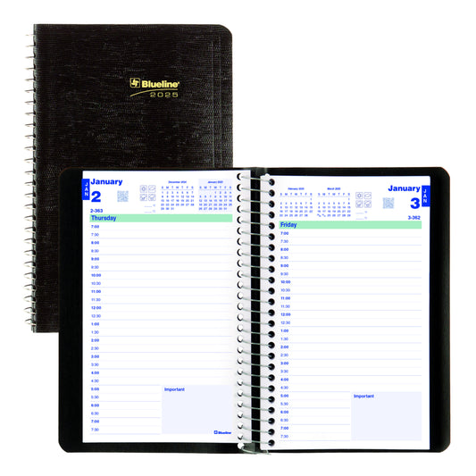 Blueline 2025 Daily Planner Spiral Binding Soft Lizard-Like Cover - 8" x 5" - Black - English