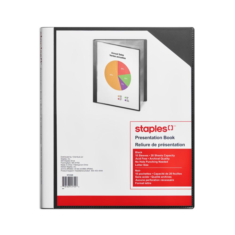 Chemises de présentation multipoches Staples en polyéthylène - 10 pochettes - Noir