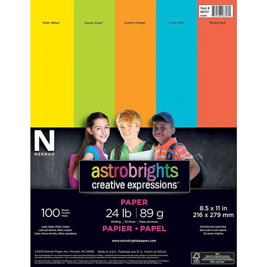 Neenah Astrobright Creative Expressions Paper, 8-1/2" x 11", 24 lb, Assorted Colours, 100 Sheets