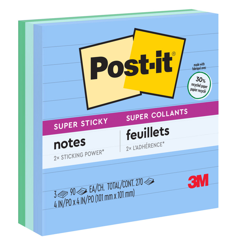 Notes Post-it Super Sticky recyclées – Collection Oasis – 10 x 10 cm – Lignées – Paquet de 3
