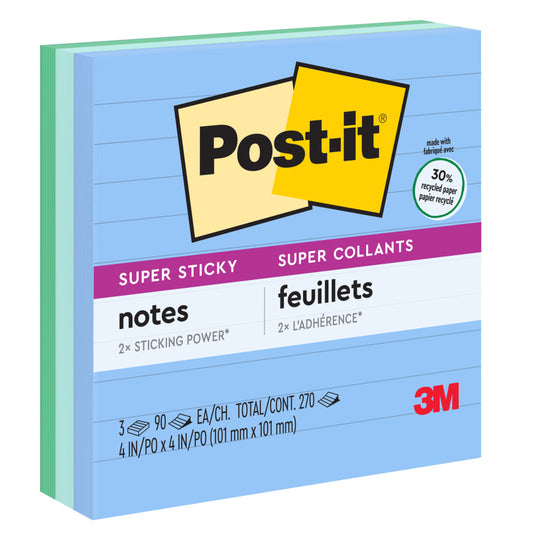 Notes Post-it Super Sticky recyclées – Collection Oasis – 10 x 10 cm – Lignées – Paquet de 3
