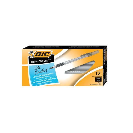 BIC Round Stic Grip Ballpoint Stick Pens -  0.8mm -  Black -  12 Pack