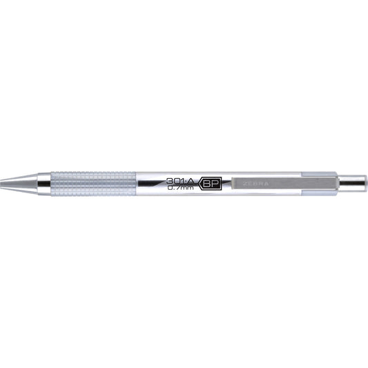 Stylo rétractable Zebra F-301 - Pointe fine - 0,7 mm - Corps en acier inoxydable - Encre noire