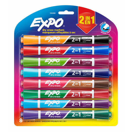 Marqueurs effaçables à sec Expo 2 en 1 à faible odeur, biseauté, 16 couleurs assorties, paquet de 8