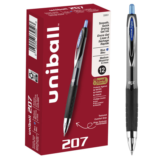 Stylos gel rétractables Uni-Ball 207 – Pointe moyenne (0,7 mm) – Bleu – Lot de 12