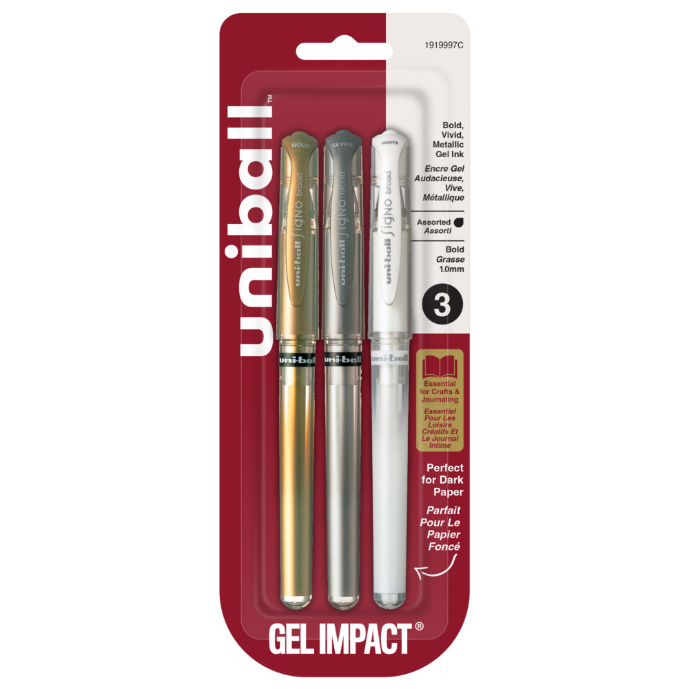 uni-ball Signo Gel Impact Pens - Bold Point (1.0mm) - Assorted Metallic (Gold, Silver, White) - 3 Pack