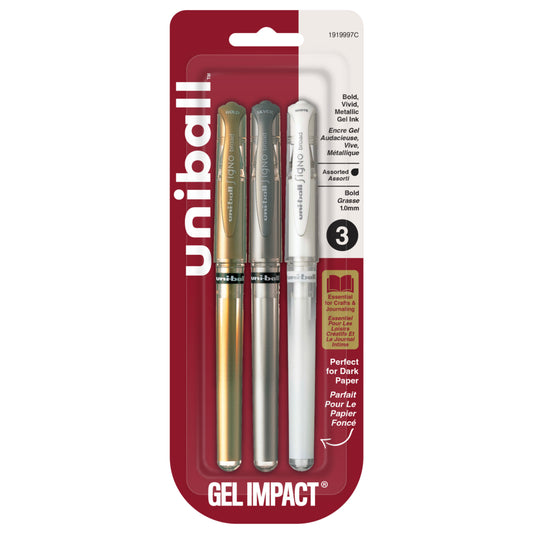 Stylos à encre gel Uni-Ball Signo Impact - Pointe épaisse (1,0 mm) - Couleurs métalliques assorties (or, argent, blanc) - Lot de 3