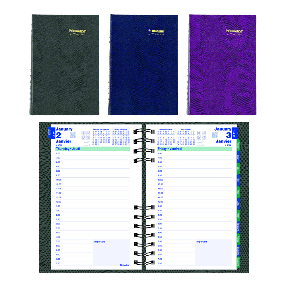 Agenda journalier Blueline 2025 CoilPro à couverture rigide - 8" x 5" - Couleurs assorties - Bilingue