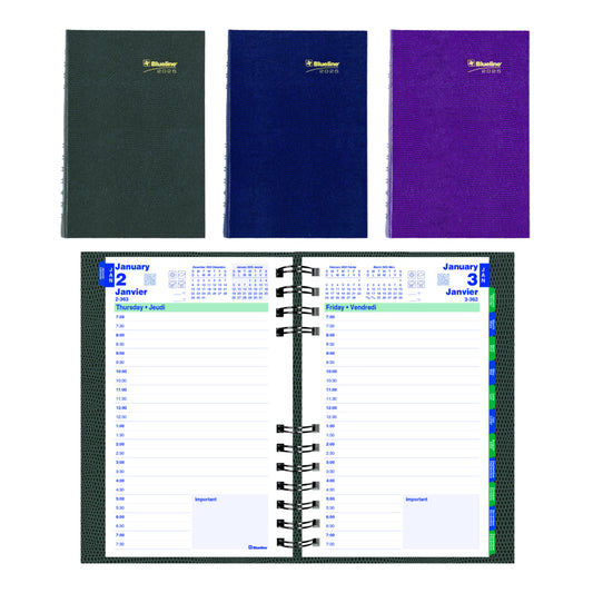 Blueline 2025 CoilPro Daily Planner Hard Cover - 8" x 5" - Assorted Colours - Bilingual