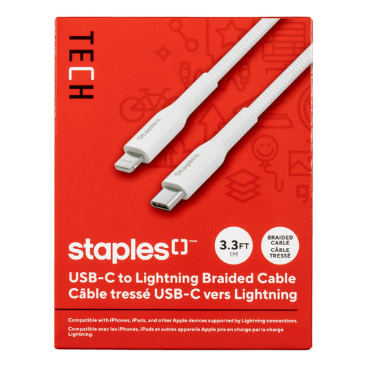 Staples TECH Lightning to USB-C Charging Cable - 3.3 ft. - White
