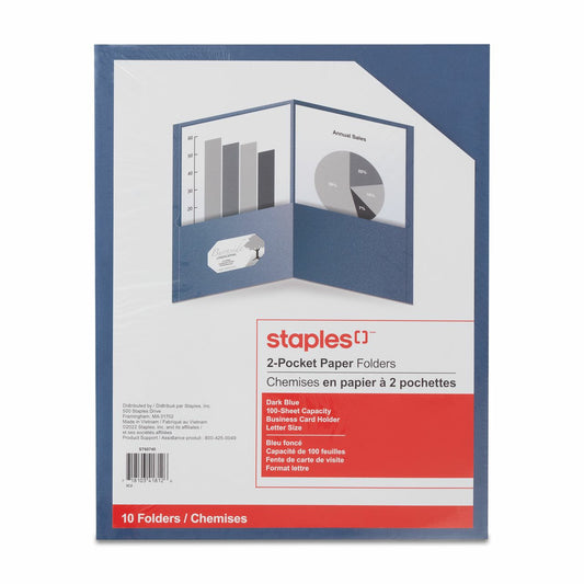 Porte-documents Staples à deux poches – Bleu foncé – Paquet de 10
