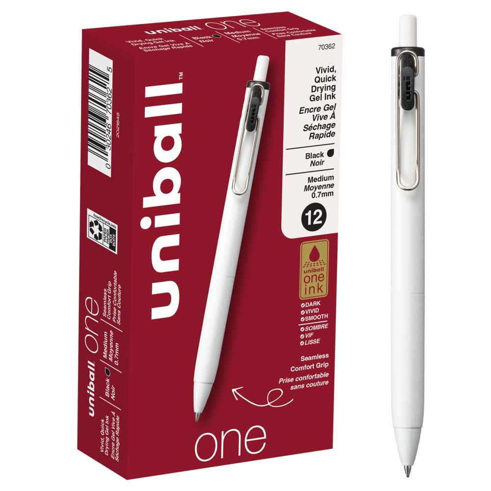Stylos gel rétractables Uniball One - Pointe moyenne (0,7 mm) - Encre noire - Lot de 12