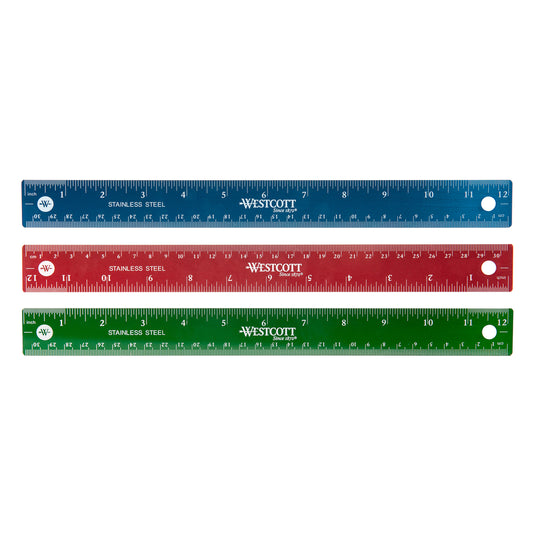 Règle Westcott en acier inoxydable - 30 cm/12" - Couleurs assorties