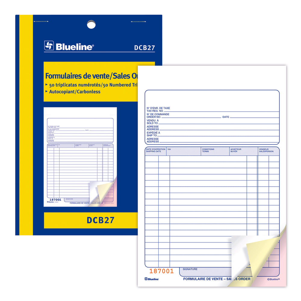 Blueline DCB27 Bilingual Sales Orders Book - 50 Triplicates - 5.37"W x 8"H