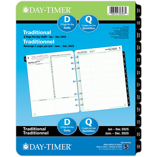 Day-Timer 2025 Dated Refill 2 Pages/Day Folio - 11" H x 8-1/2" W - Bilingual