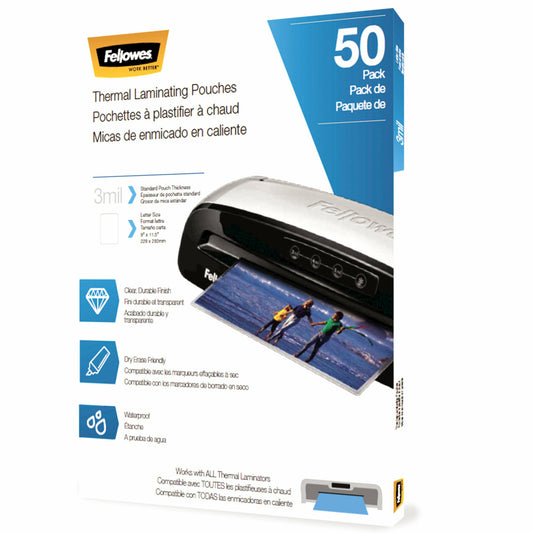 Pochettes de plastification thermique Fellowes - Format lettre - 3 mil - Paquet de 50