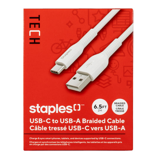 Staples TECH USB-C to USB-A Charging Cable - 6.5 ft. - White