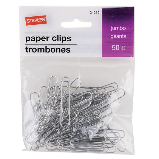 Staples Jumbo Vinyl-Coated Paper Clips - Silver - 50 Pack