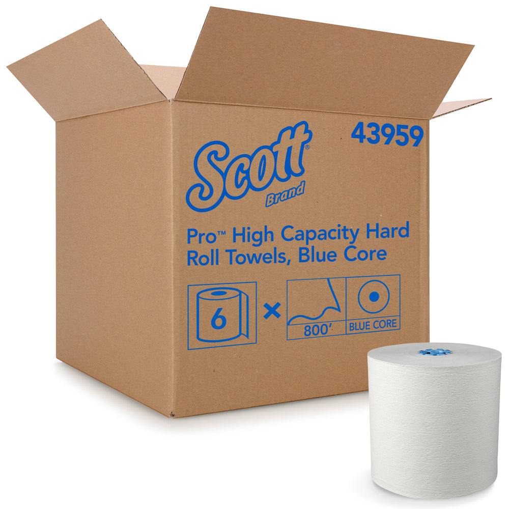 Essuie-tout Scott Pro en rouleau rigide – Noyau bleu – 900 pi de long – Blanc – 6 boîtes