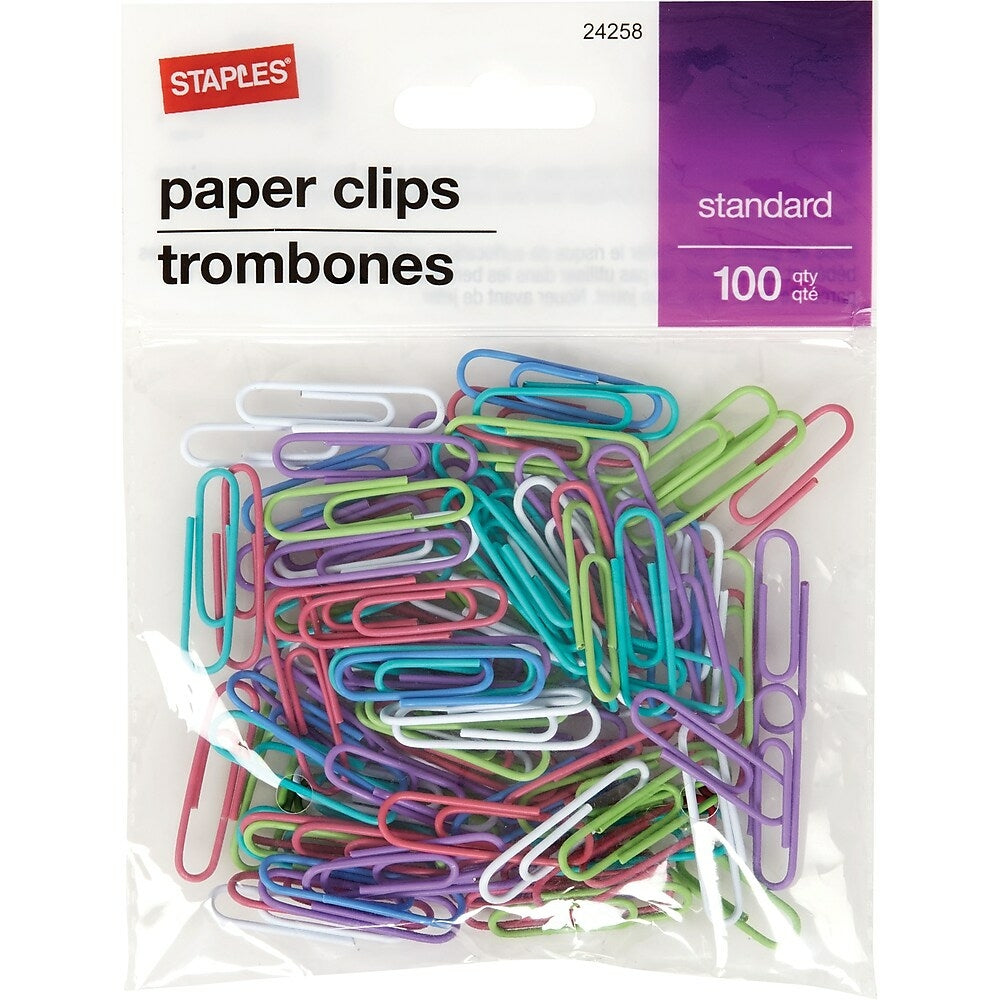 Staples Standard Vinyl-Coated Paper Clips - Assorted Fashion Colours - 100 Pack