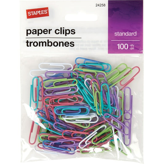Staples Standard Vinyl-Coated Paper Clips - Assorted Fashion Colours - 100 Pack