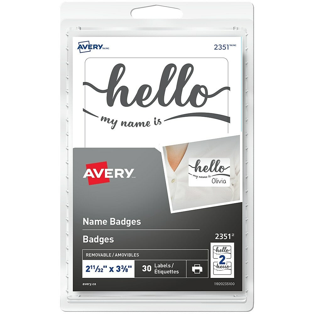 Badge nominatif Avery Hello, anglais, paquet de 30