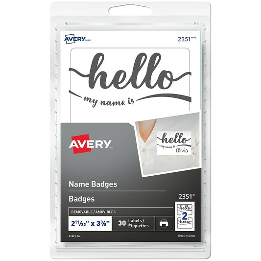 Avery Hello Name Badge, English, 30 Pack