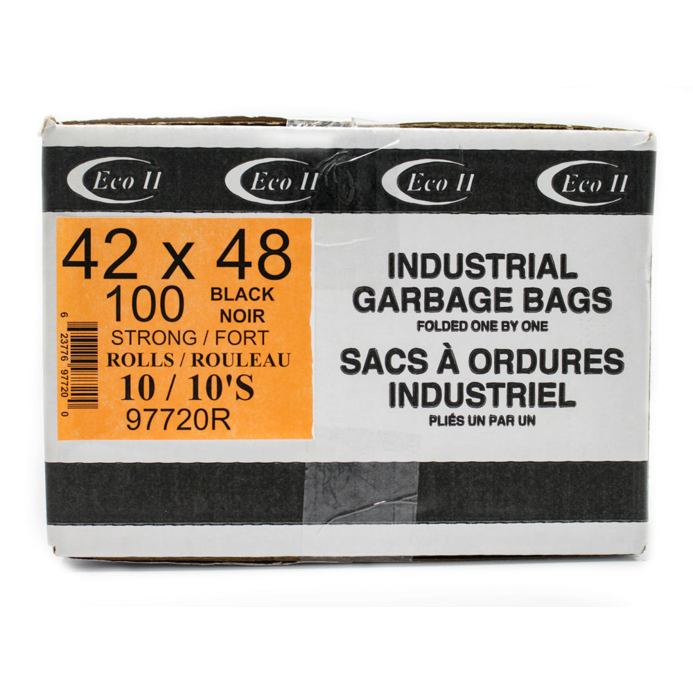 Eco II Garbage Bags - 42" x 48" - Strong - Black - 10 Bags/Roll - 100 Pack