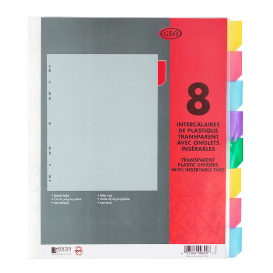 Geocan Transparent Plastic Dividers - 8.5" W x 11" L - 8 Colored Tabs