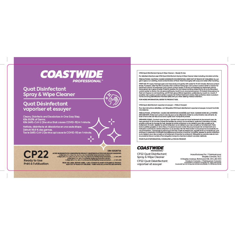 Coastwide Professional CP22 Quat Spray désinfectant et lingette nettoyante Étiquette secondaire